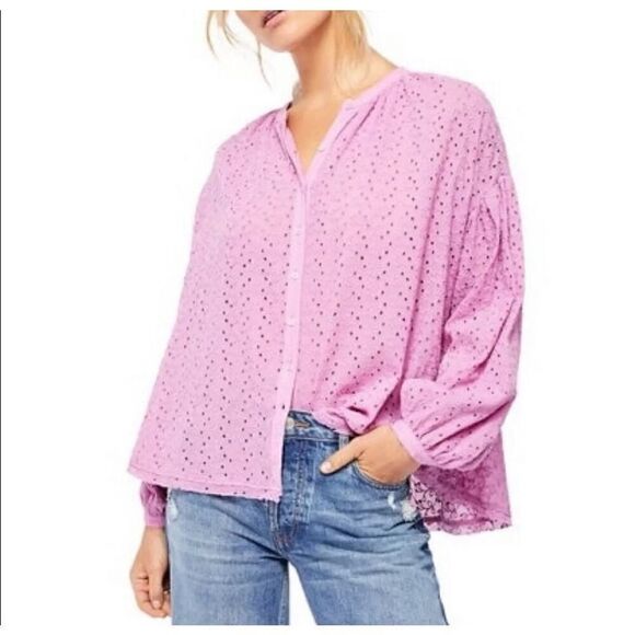 Free People Maddison Eyelet Blouse Orchid L Button Front Long Sleeve Oversized - Picture 2 of 16